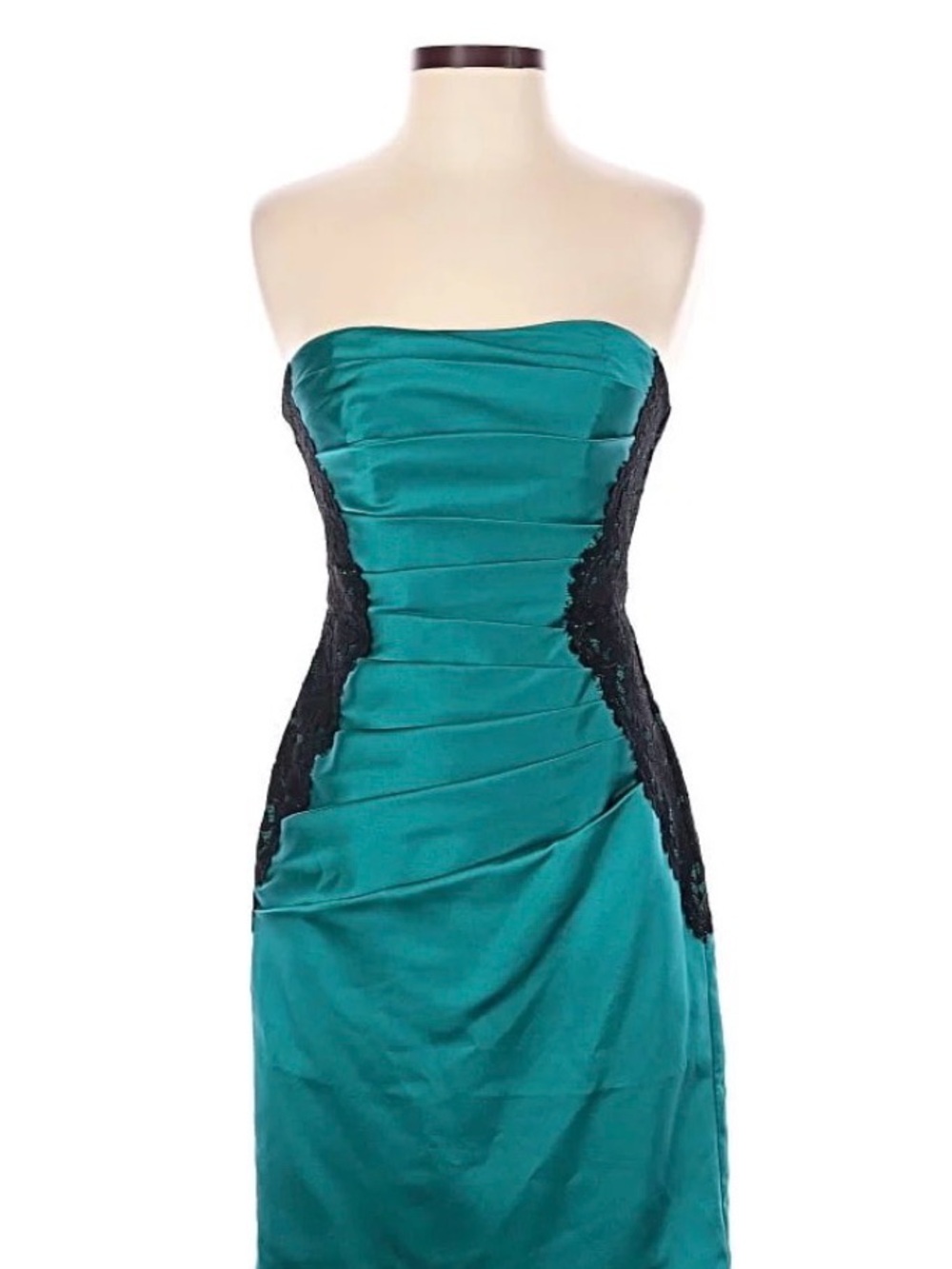 David's Bridal Teal Strapless Satin Dress with Black Lace Insets Size10